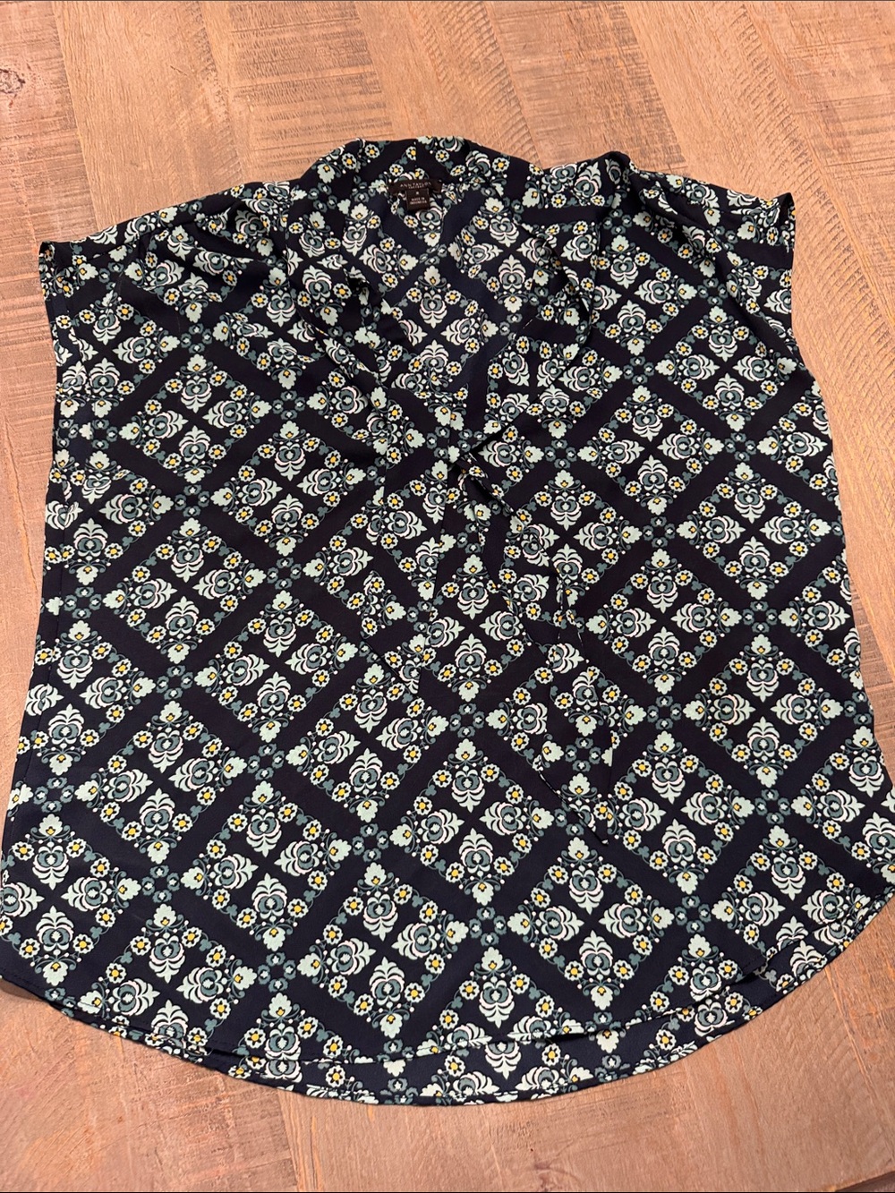 Ann Taylor Geometric Tile Print Sleeveless Tie Neck Blouse